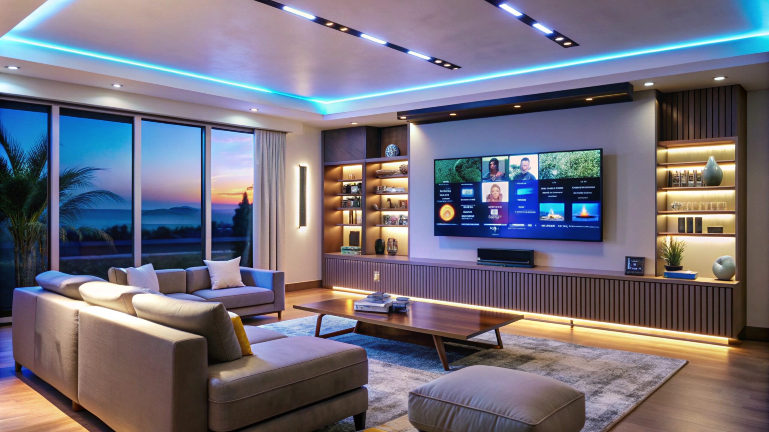 Modern living room with large TV and LED lights.